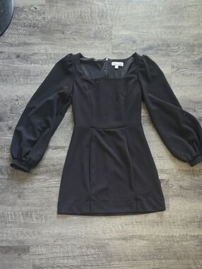 She + Sky Black Square-Neck Long Sleeve Mini Dress with Puff Sleeves